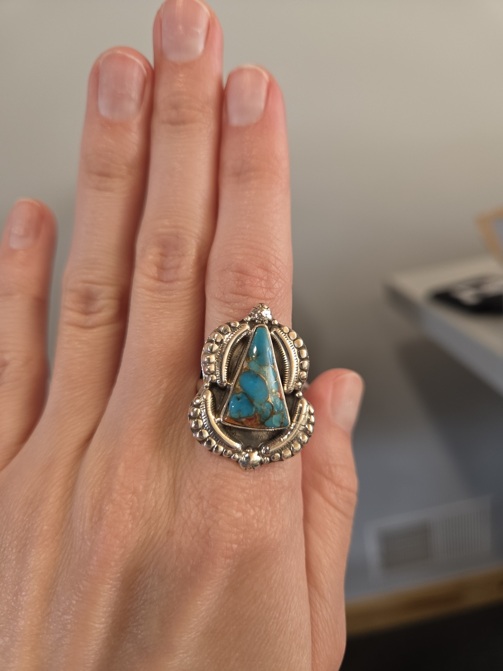 Spiny Oyster Copper Turquoise Sterling Ring - Picture 3 of 5